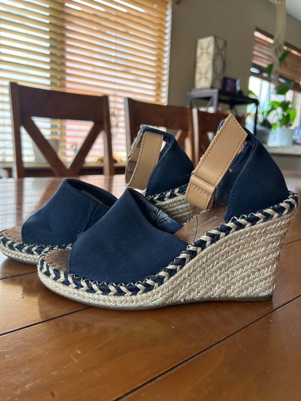 Toms Navy Canvas Espadrille Wedge Sandals with Tan Ankle Strap